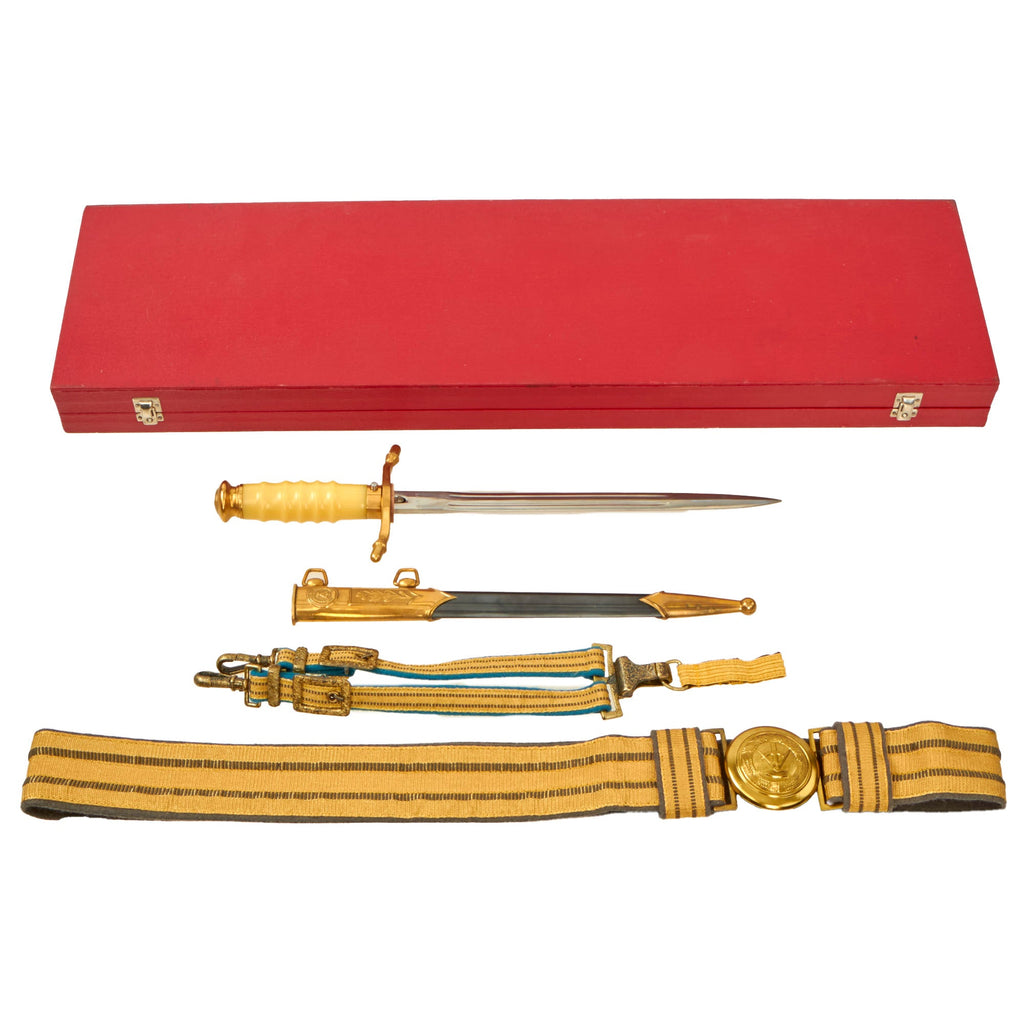 Original Cold War Era East German DDR Volksmarine (‘VM’) General Officer’s Brocade Dress Belt, Buckle, & Dagger Set With Presentation Case Original Items