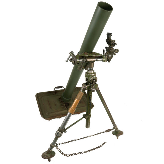Original U.S. WWII Type 81mm Display M1 Mortar System with Baseplate, Bipod, Cleaning Rod, and M34A1 Sight - Replica Barrel Tube Original Items