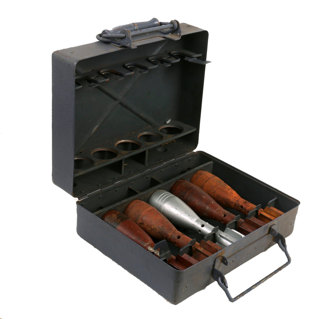 Original German WWII 5cm Mortar Round Leichter Granatwerfer 36 Transportation Box Case with 5 Inert Rounds Original Items