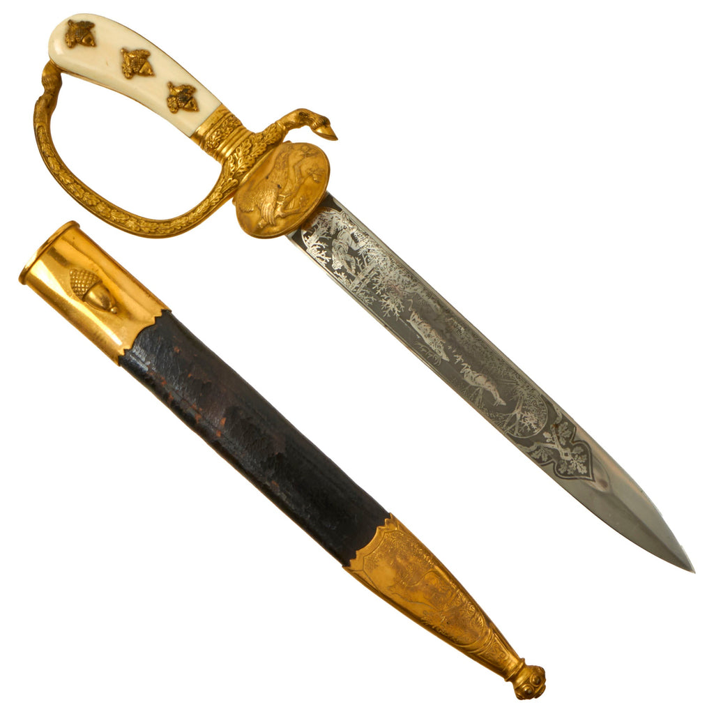 Original German WWII Hirschfänger Bone Handle Forestry Dress Dagger by Carl Eickhorn with Handguard & Scabbard Original Items