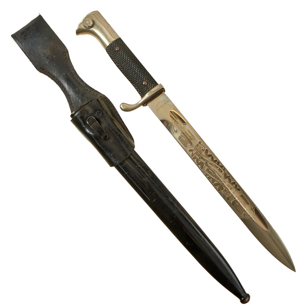 Original German WWII Double Etched Heer 15th Pioneer Battalion Long 98k Dress Bayonet by Carl Eickhorn with Scabbard and Frog Original Items
