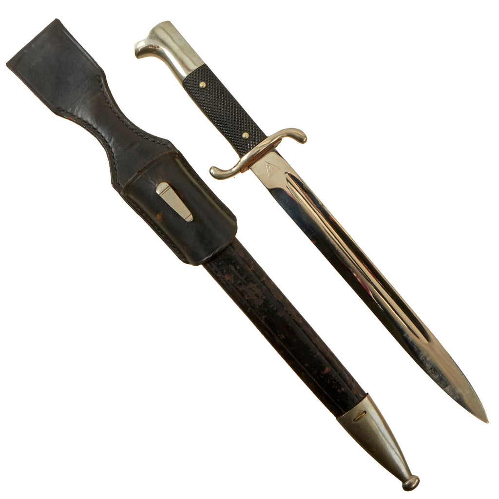 Original German WWII Fireman's Long Dress Bayonet by H&PK with Leather Scabbard and Frog Original Items