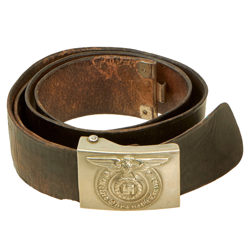 Original German WWII Early SS EM/NCO Nickel Belt Buckle by Overhoff & Cie with Black Leather Belt - Schutzstaffel Original Items