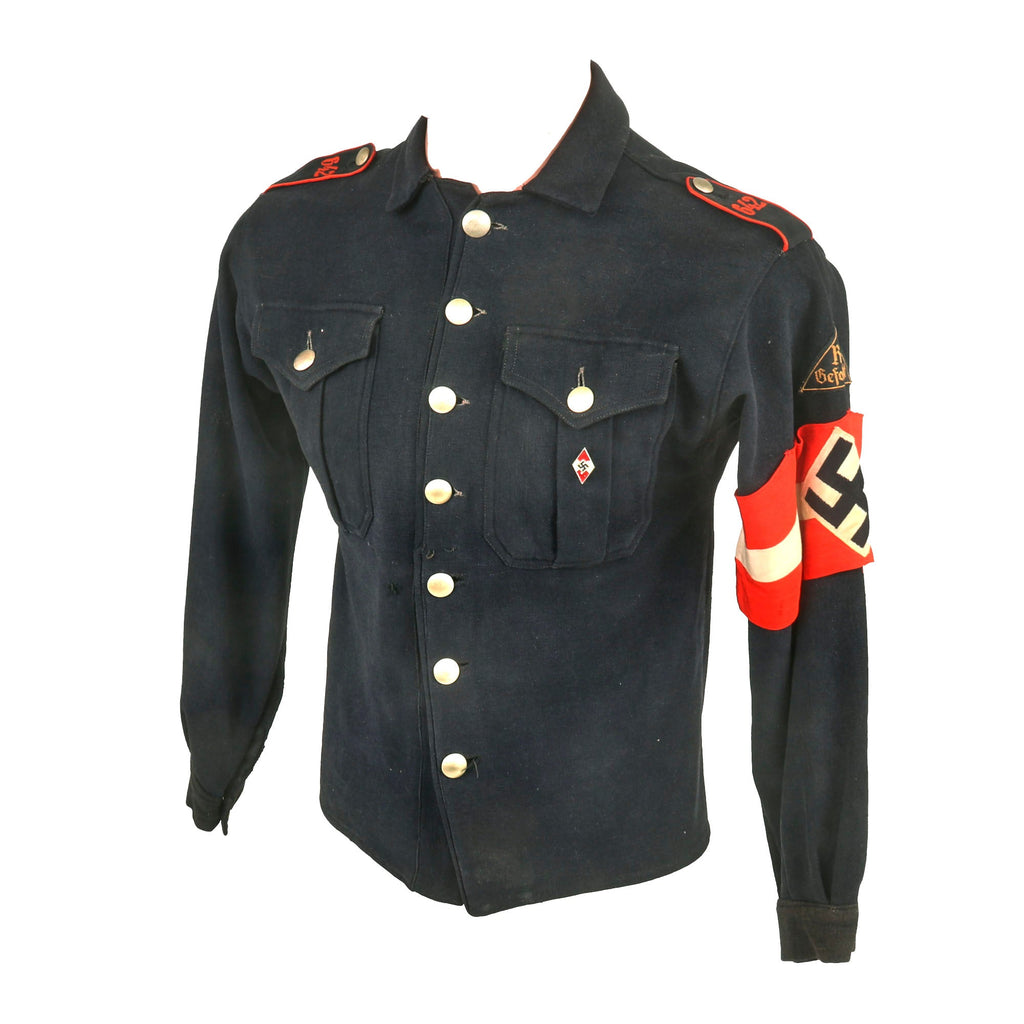 Original German WWII HJ National Youth Organization RJF-Gefolgschaft Blue Uniform Shirt with Membership Pin & Armband Original Items