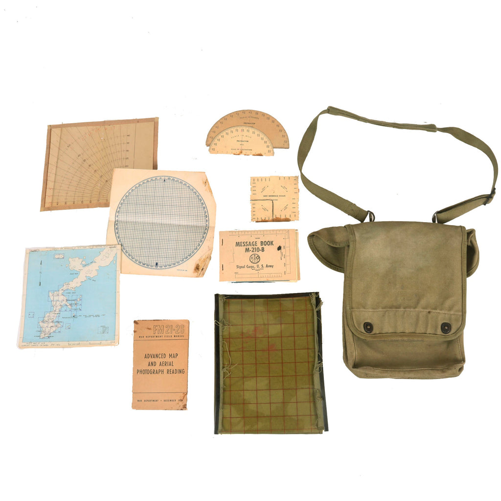 Original U.S. WWII M1938 USMC Dispatch Map Case Grouping with Maps of Okinawa & Ephemera - Signal Corps Message Book Original Items
