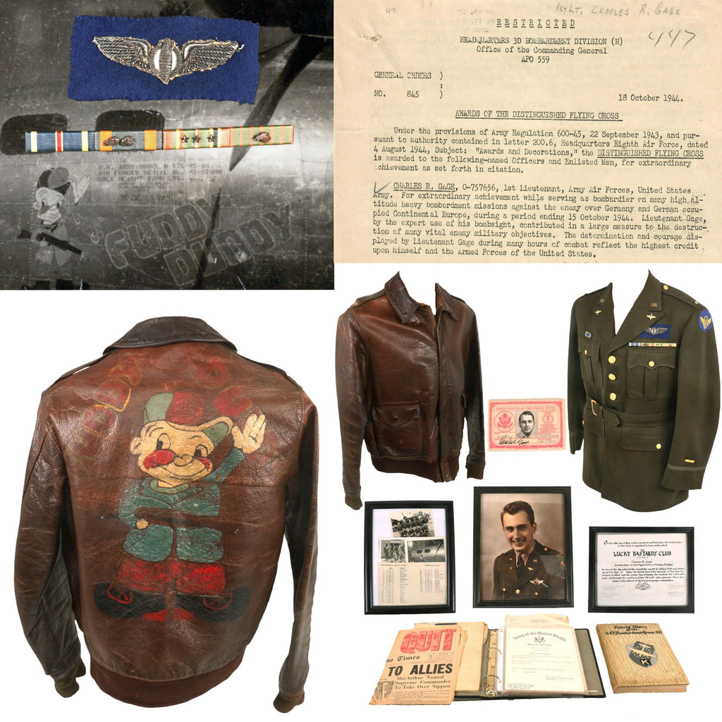 Original U.S. WWII B-17 “Fuddy Duddy” Bombardier Distinguished Flying Cross Recipient Charles Gage with Disney’s Elmer Fudd Painted A2 Flight Jacket, Officer Jacket, Certificates, & Binder of Ephemera - 708th Bomb Squadron, 447th Bomb Group Original Items