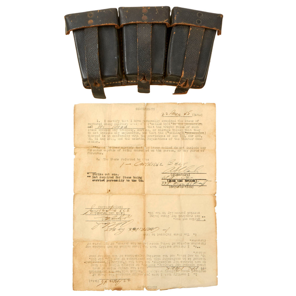 Original U.S. WWII Captured German Ammunition Pouches with Capture Certificate Dated 1945 Original Items