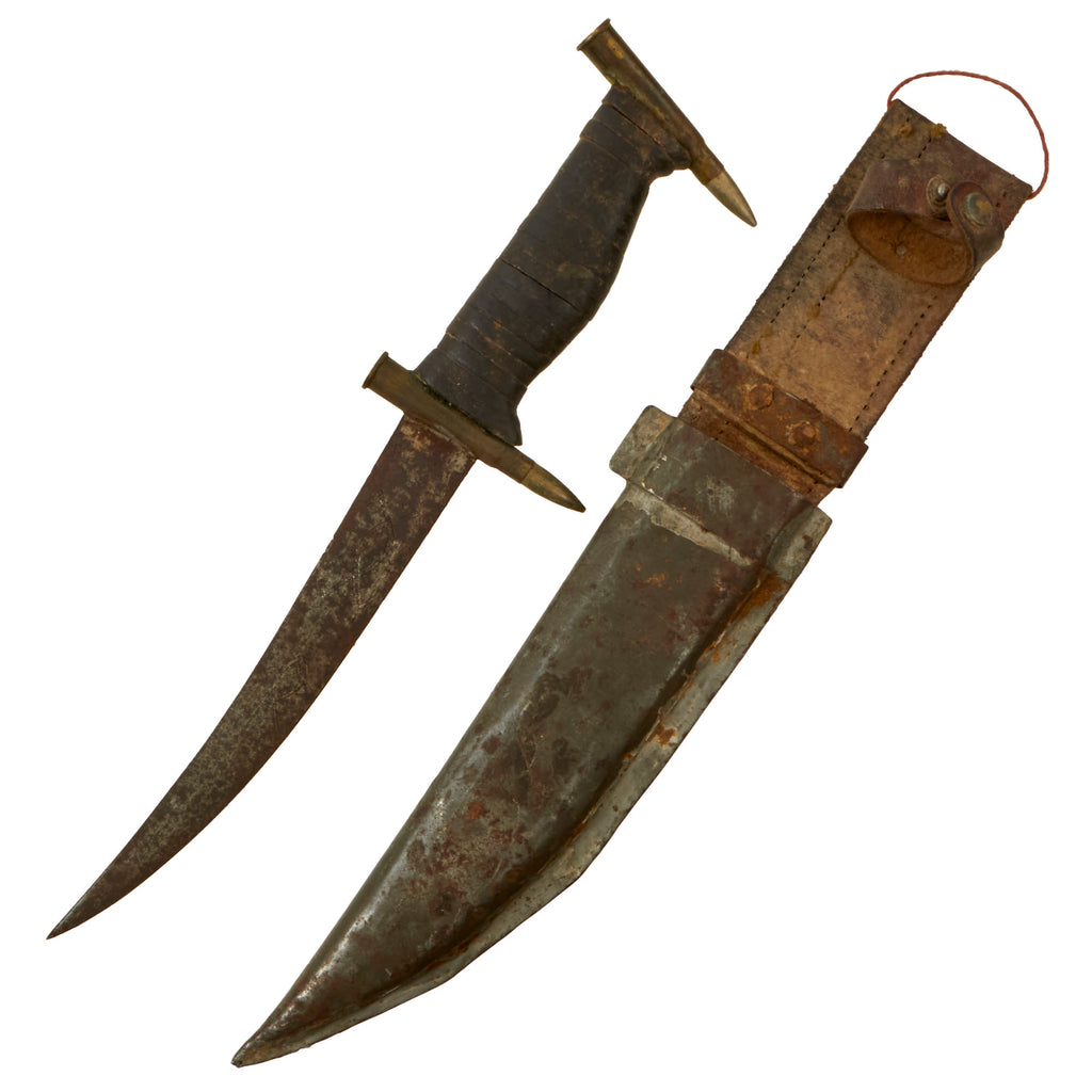 Original U.S. WWII Theater Made African-Style Fighting Knife Named to 85th Infantry Division Sergeant with Custom Scabbard & .303 Cartridge Crossguard & Pommel Original Items