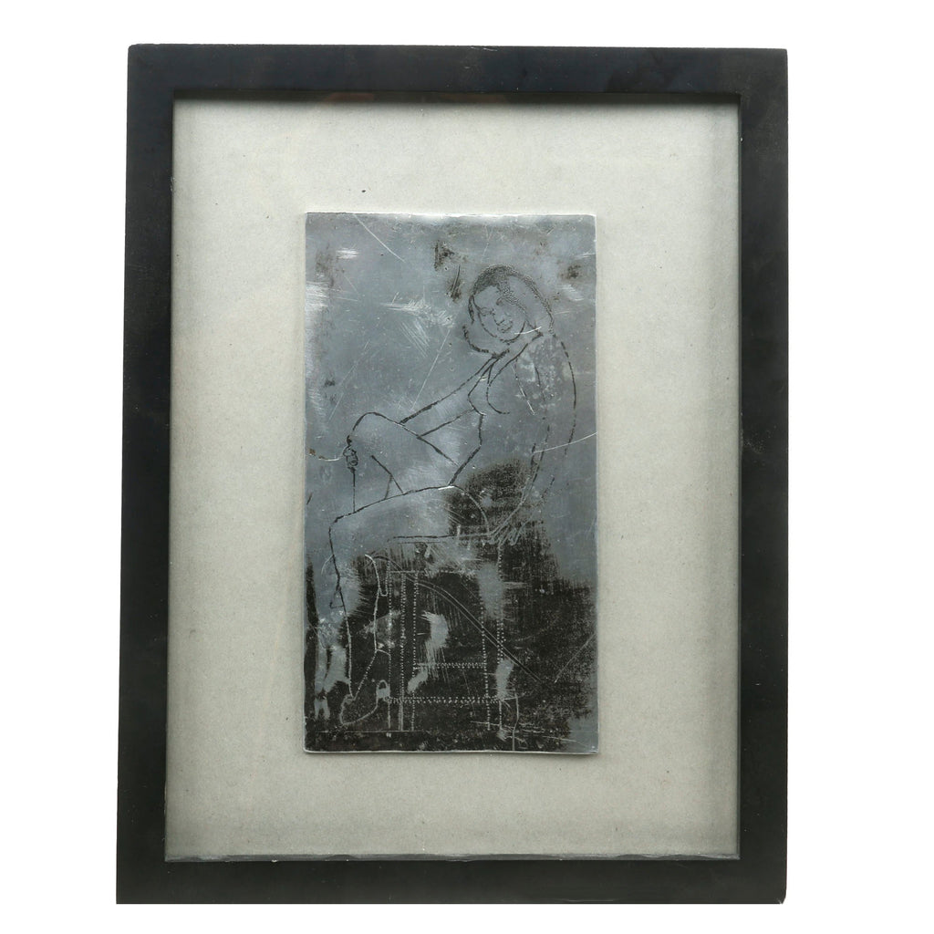 Original U.S. WWII Framed Aircraft Panel with Etching of Pin-Up Girl Supposedly from Douglas A-20 Havoc - 10 x 13” Original Items