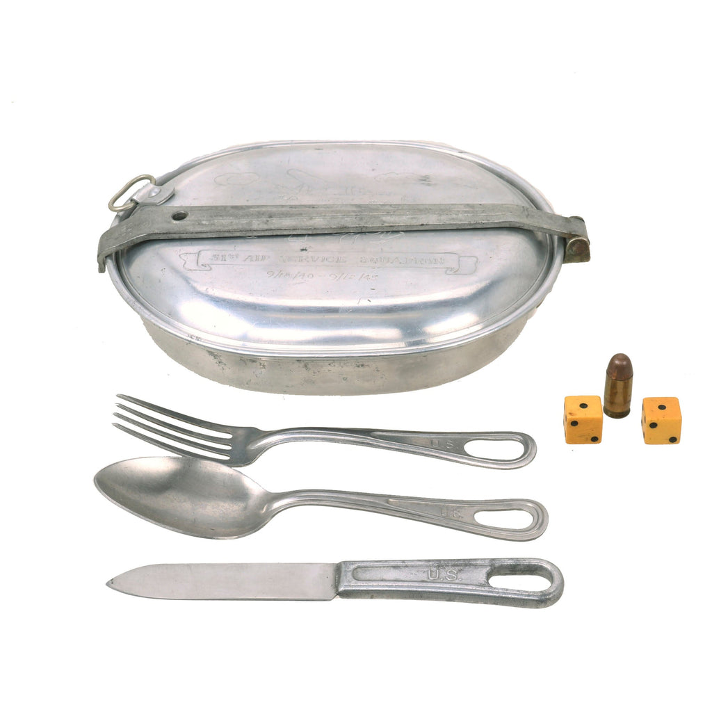 Original U.S. WWII 51st Air Service Squadron Walt Disney Trench Art Engraved M1910 Mess Kit with Huey, Dewey, and Louie Duck - Utensils & Dice Original Items