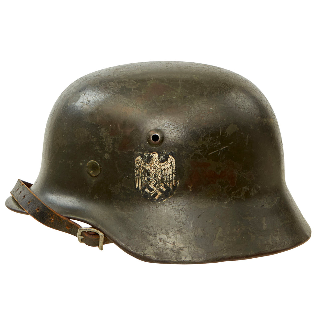 Original German WWII Army Heer M35 Former Double Decal Helmet with 1937 Dated 57cm Liner & Chinstrap - marked ET64 Original Items
