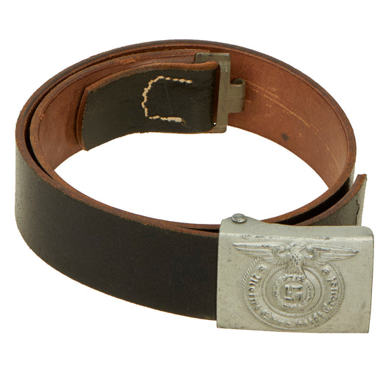 Original German WWII SS EM/NCO Black Leather Waist Belt with Painted Steel Buckle Original Items
