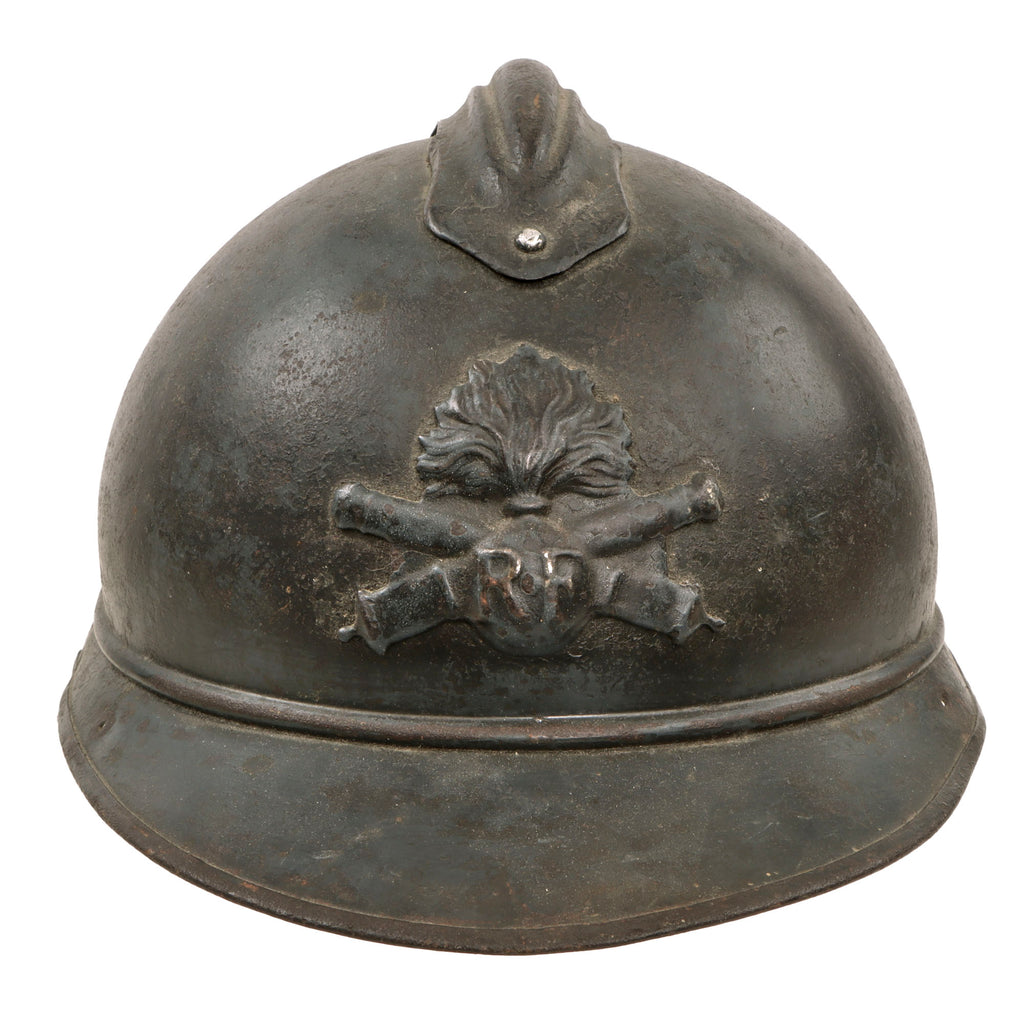 Original French WWI Model 1915 Adrian Helmet in Horizon Blue with Artillery RF Badge and 2nd Pattern Liner Original Items