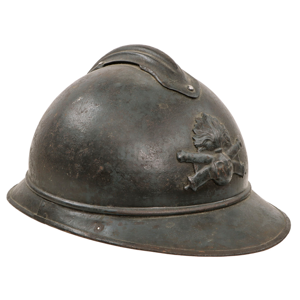 Original French WWI Model 1915 Adrian Helmet in Horizon Blue with Artillery RF Badge and 2nd Pattern Liner Original Items