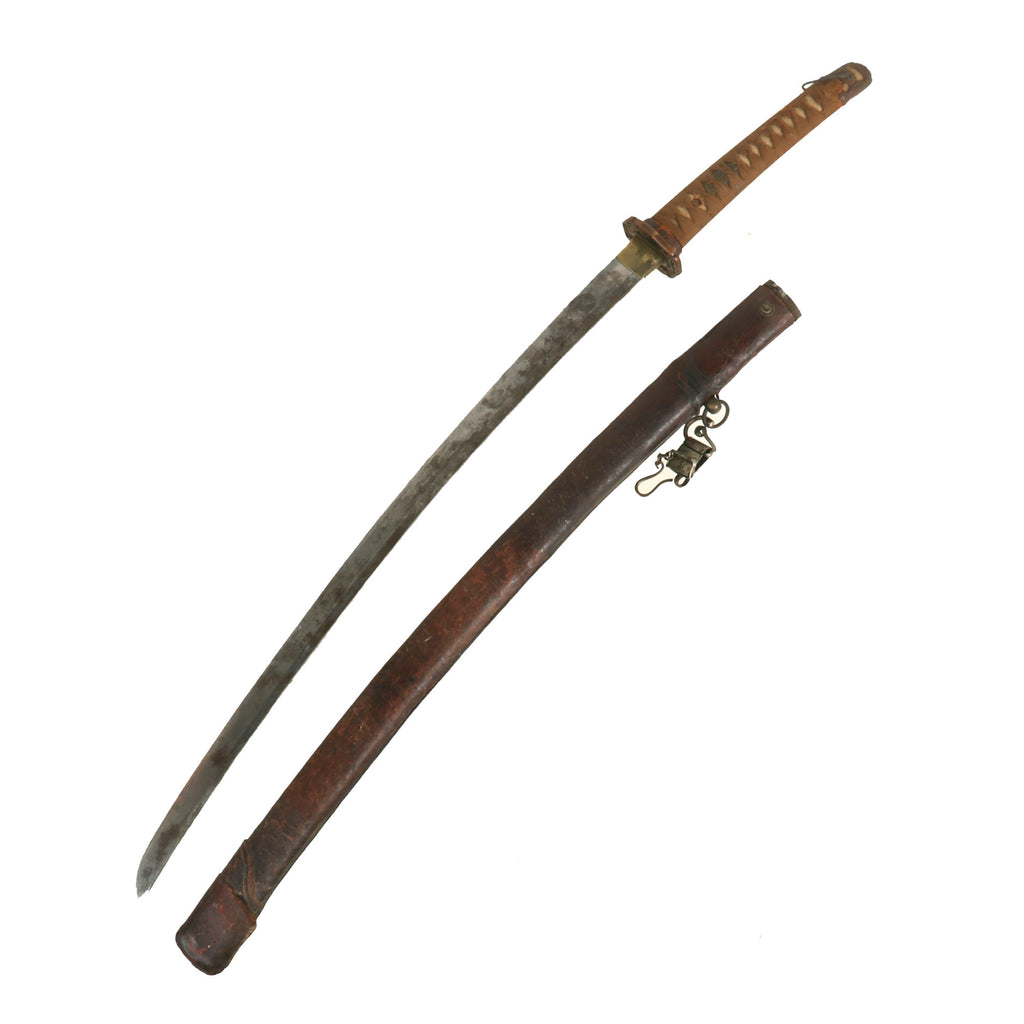 Original WWII Japanese Type 98 Shin-Gunto Katana Sword by MASAYUKI with Leather Covered Wooden Scabbard Original Items