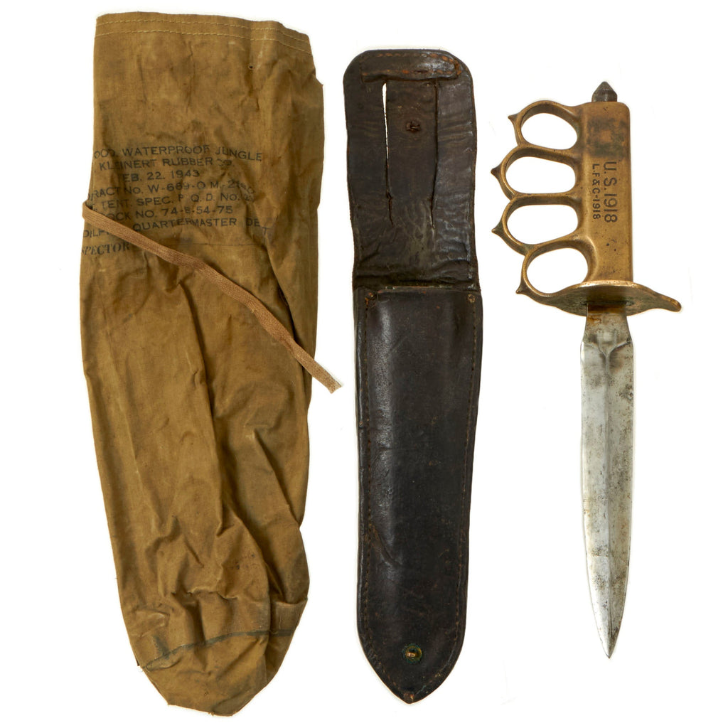 Original U.S. WWI Model 1918 Mark I Trench Knife by L. F. & C. with Steel Scabbard In Leather Belt Carrier and 1943 Dated Waterproofing Bag Original Items