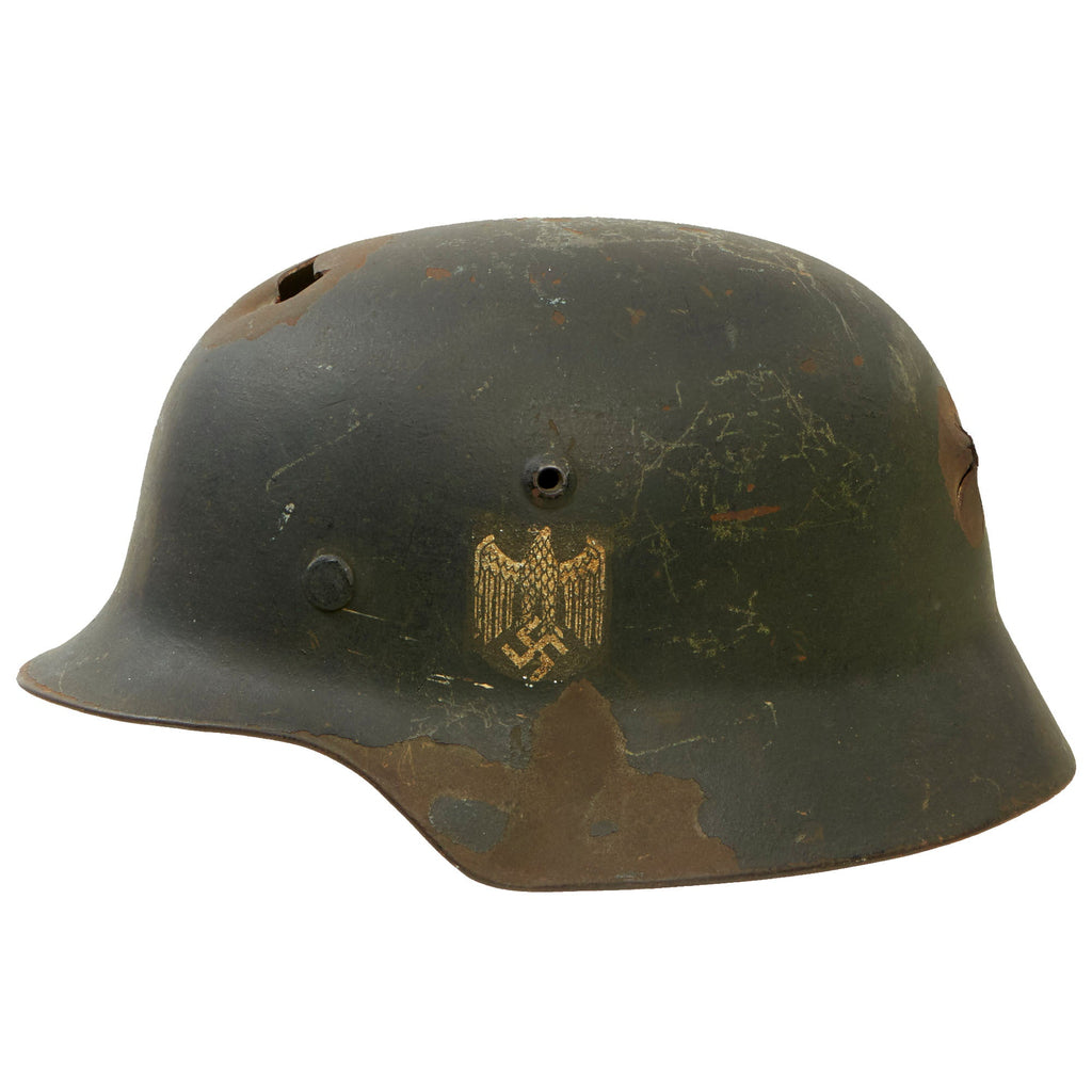 Original German WWII Army Heer M35 Single Decal KIA Shot Through Steel Helmet with Torn Liner & Chinstrap - SE66 Original Items