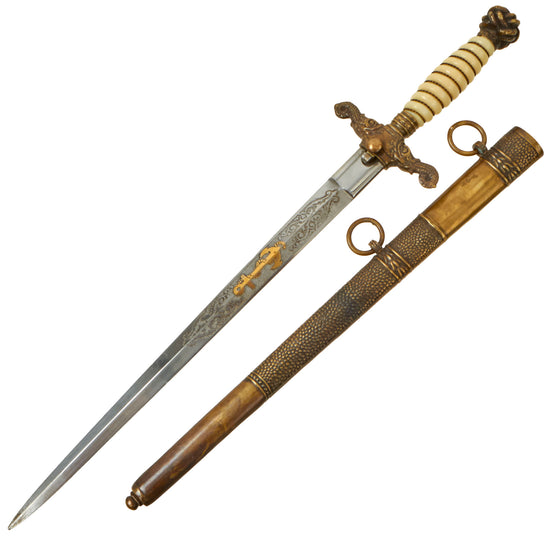 Original Hungarian Early WWII Era Kingdom of Hungary Naval Officer Dress Dagger With Ornate Blade and Brass Scabbard Original Items