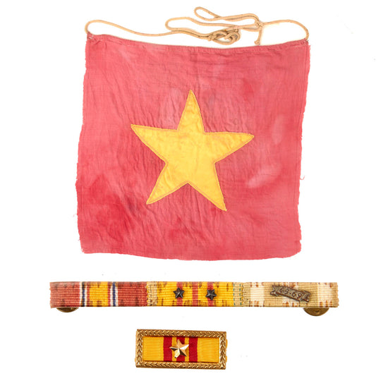 Original U.S. Vietnam War Bringback North Vietnamese People’s Army Flag and Ribbon Bar - 16 ¼ x 16 ½” Original Items