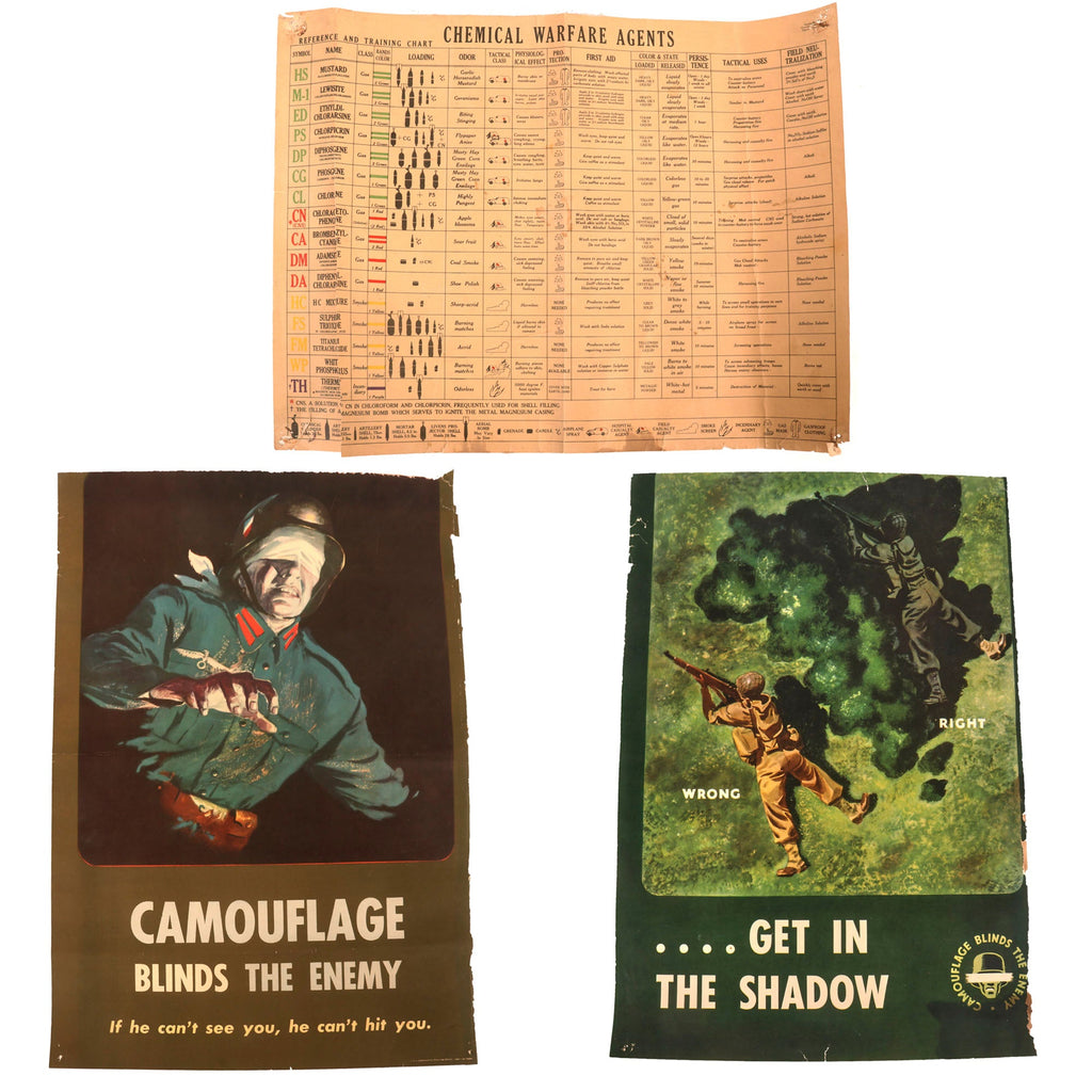 Original U.S. WWII Camouflage Blinds the Enemy Posters & Chemical Warfare Agent Identification Poster - Lot of Three Original Items