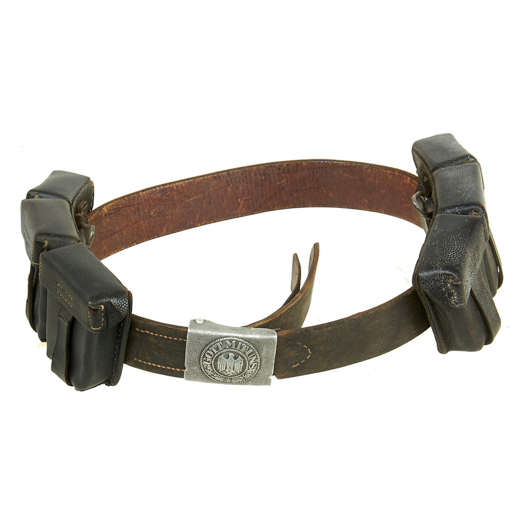 Original German WWII Heer Army EM/NCO Belt with Pebbled Aluminum Buckle by Overhoff & Cie and Two K98 Pouches Original Items