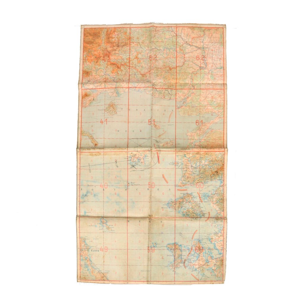 Original German WWII Luftwaffe Navigator Soft Laminate “Half” Map of Northern Greece and Aegean Sea - 36 ¼" x 21 ⅜" Original Items