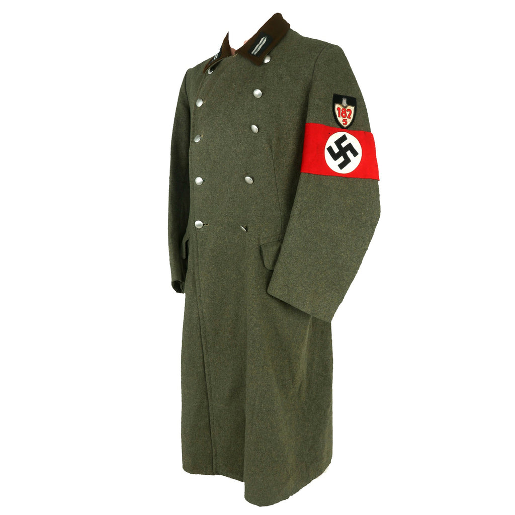 Original German WWII Reichsarbeitsdienst RAD Labor Service Vormann NCO's Greatcoat with Armband & Bullion Embroidered Unit Assignment Shield - Dated 1934 Original Items