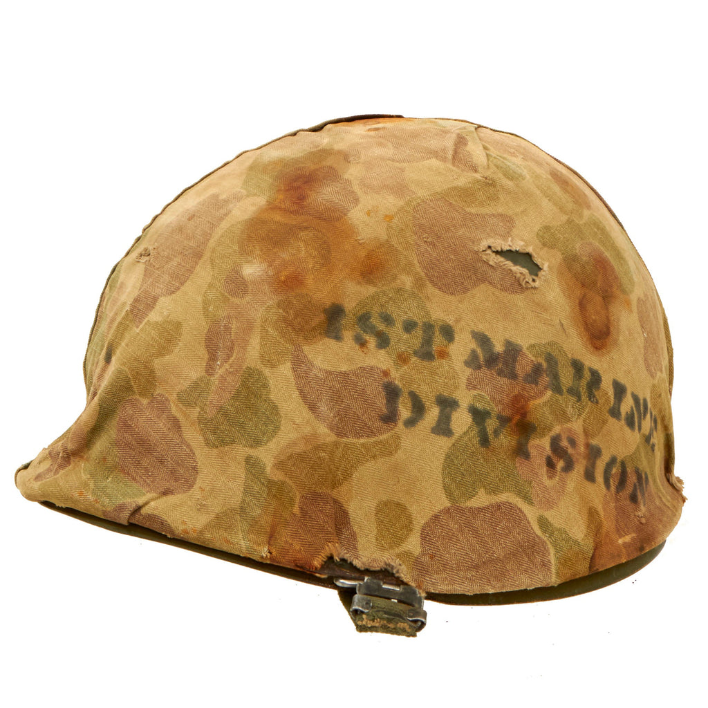 Original U.S. Korean War 1st Marine Division Rear Seam Swivel Bale M1 Helmet with Stenciled HBT USMC Camouflage Cover Original Items