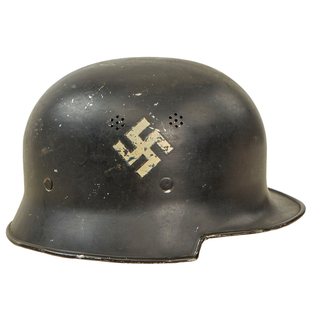 Original German Pre-WWII M34 Square Dip First Pattern Aluminum Fire Protection Police Helmet with Double Decals - Size 58 - 59 Original Items