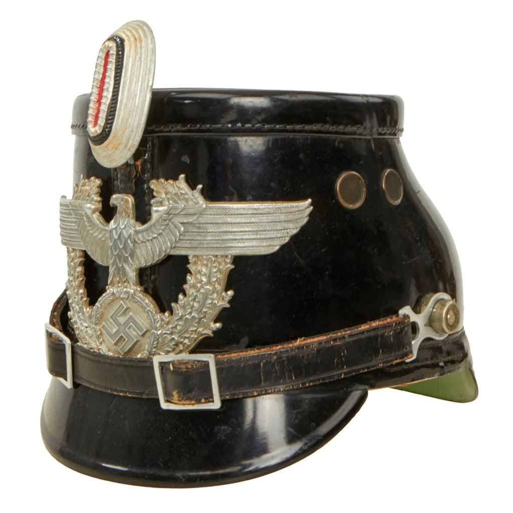 Original German WWII Early Pattern Metropolitan Police Shako in Black by Friedrich Becker & Co. K.G. with Faded Issue Stamp Original Items