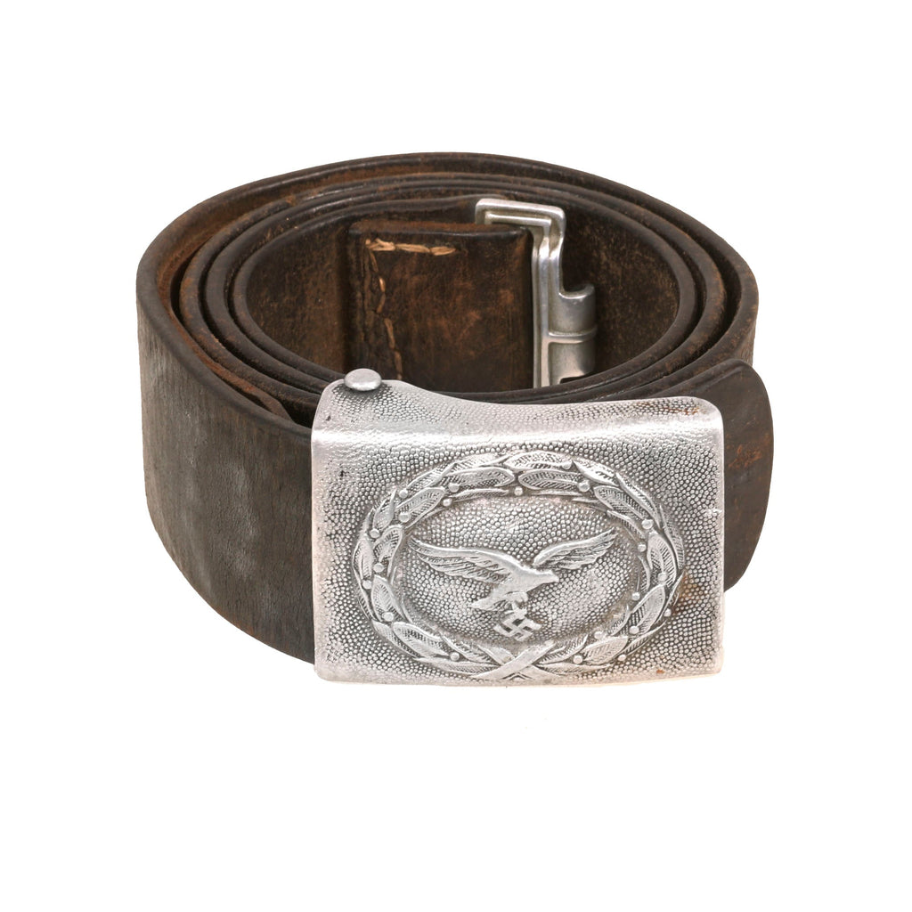 Original German WWII EM/NCO Luftwaffe Leather Belt with Pebbled Aluminum Buckle Original Items