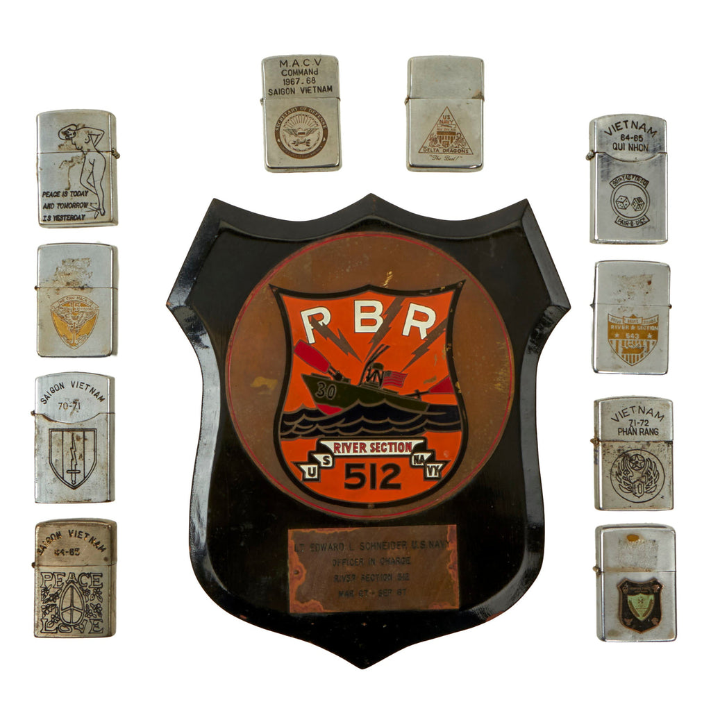 Original U.S. Vietnam War Patrol Boat River Plaque and Post War Engraved Zippo Lighter Collection - 5 Zippo & 5 by Other Makers Original Items