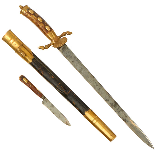 Original German WWI Era Hirschfänger Stag Handle Triple Etched Hunting Short Sword by Clemen & Jung with Triple-Etched Skinning Knife in Scabbard Original Items
