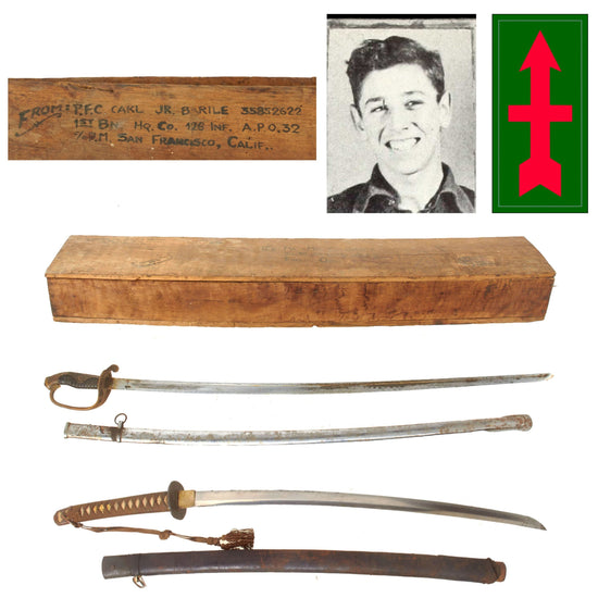 Original U.S. WWII 32nd Infantry Division Captured Japanese Army Officer Sword & Shin-gunto Katana War Trophies with Original Ship-Home Box - Carl Barile Jr., 126th Infantry Regiment Original Items