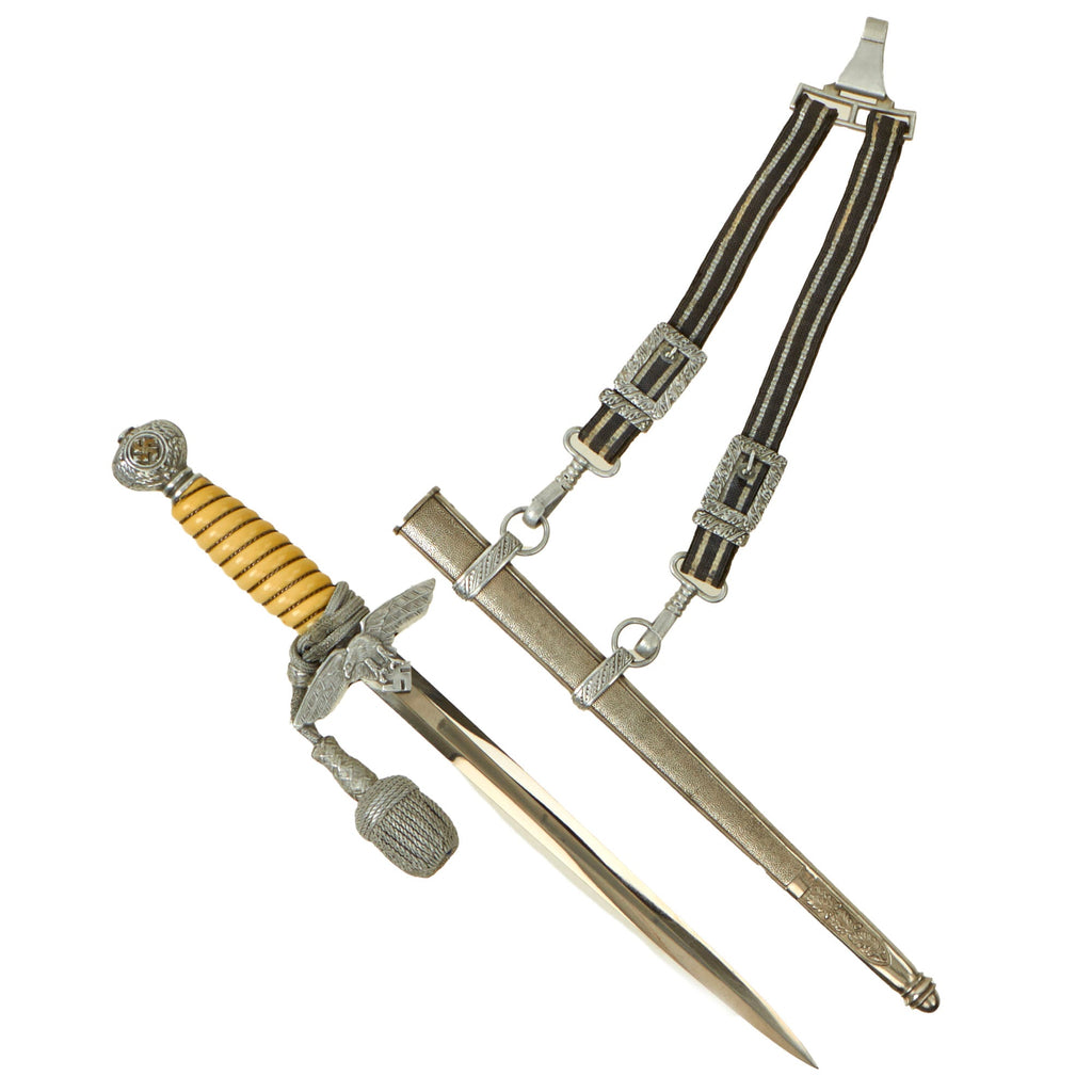 Original WWII German 2nd Model Nickel Plated Luftwaffe Dagger by Paul Weyersberg with Scabbard, Hanger, and Portepee Original Items