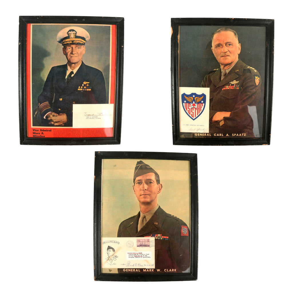 Original U.S. WWII Set of Three Framed Autographs - General Mark Clark, General Carl Spaatz, & Vice Admiral Marc A. Mitscher Original Items