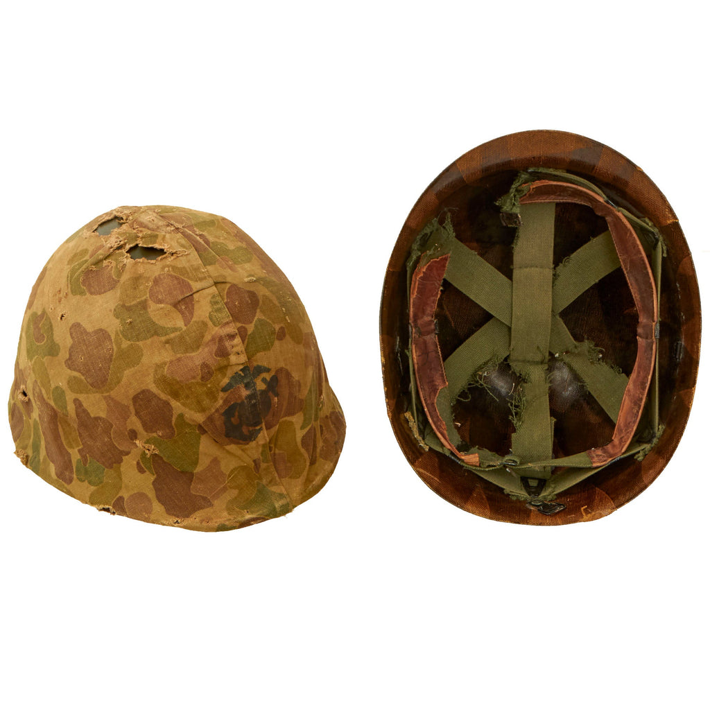 Original U.S. Korean War USMC M1 Helmet with Liner & USMC Cover With Stenciled Eagle, Globe and Anchor Original Items