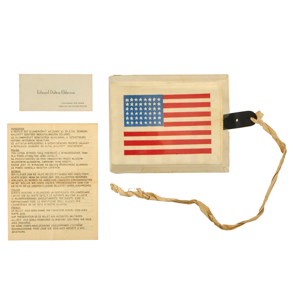 Original U.S. WWII USAAF Russian Blood Chit in Original Plastic Envelope with Twill Cord & Calling Card - Lieutenant Edward Dalton Ebbeson Original Items