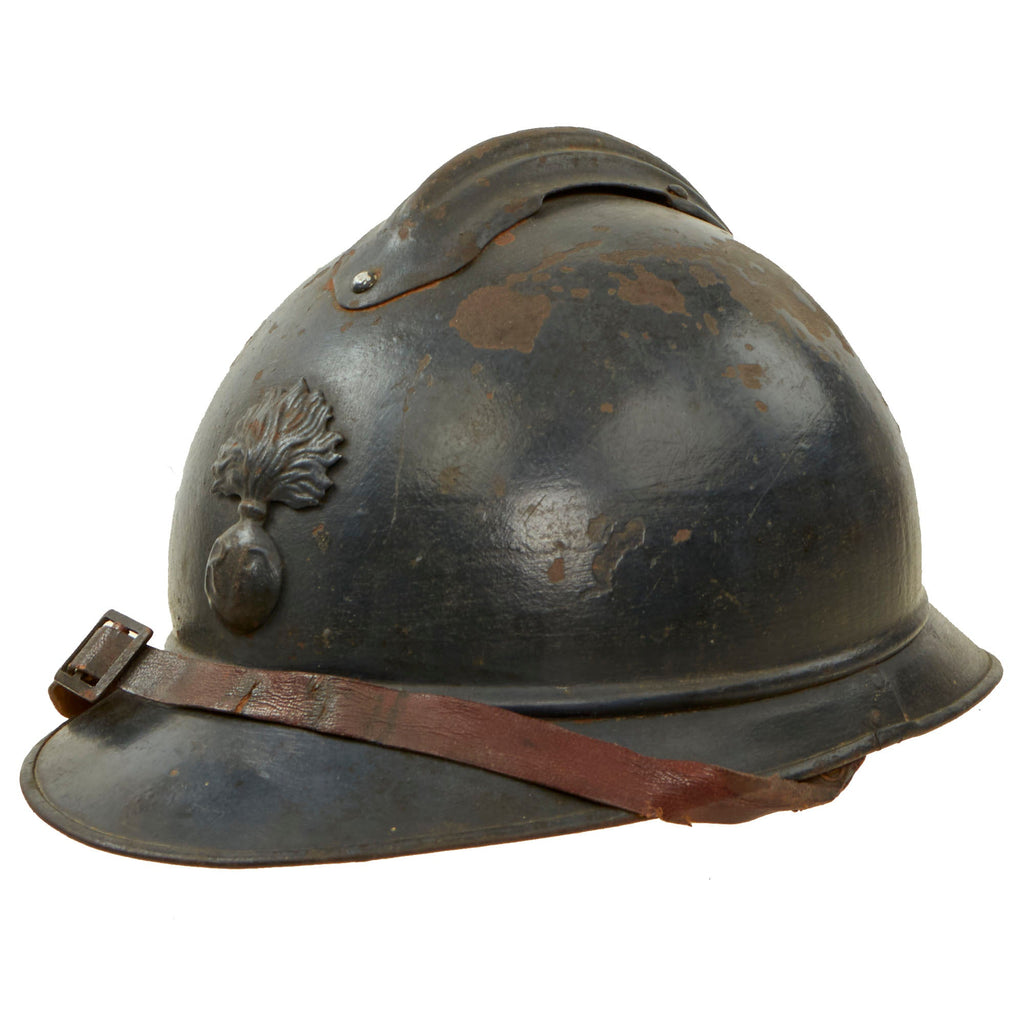 Original French WWI Issue Model 1915 Infantry Adrian Helmet in Horizon Blue with Liner & Chinstrap Original Items