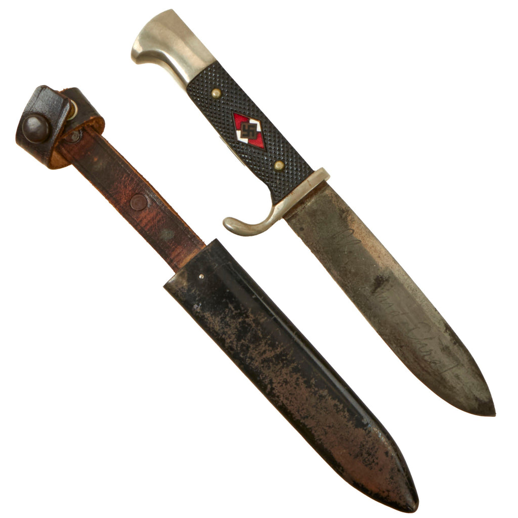 Original German WWII Early Motto Marked HJ Knife by J.A. Henckels Zwillingswerk of Solingen with Scabbard Original Items
