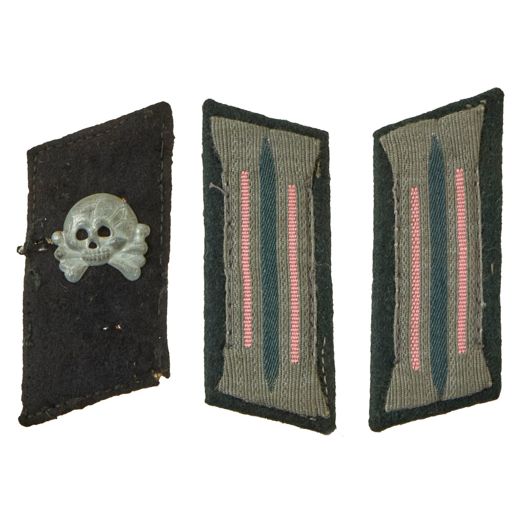 Original German WWII Heer Army Panzer Collar Tab Insignia Set - Pair of EM/NCO Litzen and Single Totenkopf Original Items