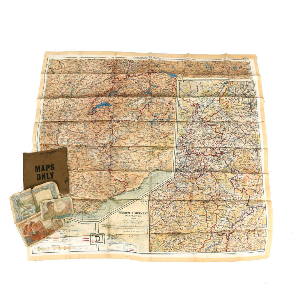 Original U.S. WWII 1943 Color Silk C/D “Escape Map” With “Maps Only” Pouch & French Money Named to Paratrooper - Oswald J. Freund Original Items