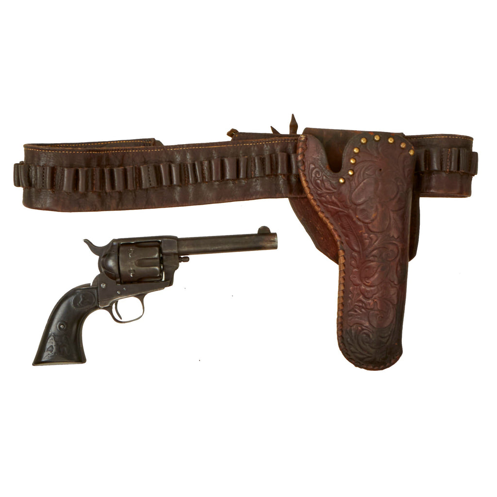 Original U.S. Colt .45cal Single Action Army Modified Revolver with 4 ¾" Barrel, Period Tooled Leather Holster on Ammo Belt - Serial 93709 Made in 1883 Original Items
