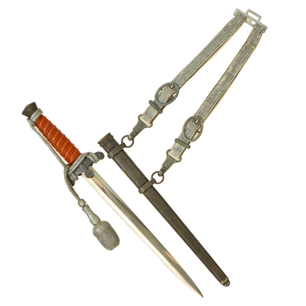 Original German WWII Heer Army Officer Dagger with Scabbard, Hanger, and Portepee - Excellent Unmarked Blade Original Items
