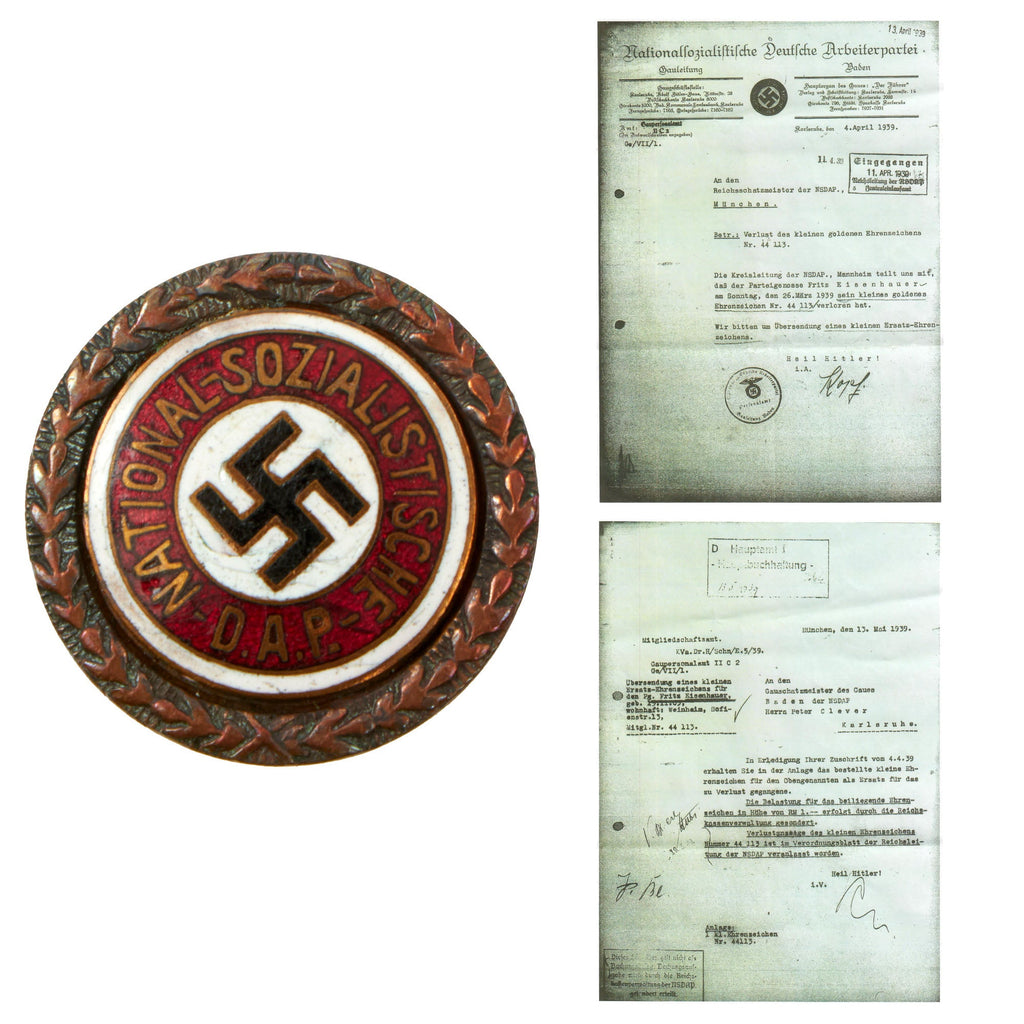 Original German WWII Identified Small Golden NSDAP Party Badge Pin by Josef Fuess with Full Documentation Copies - Member 44113 Original Items