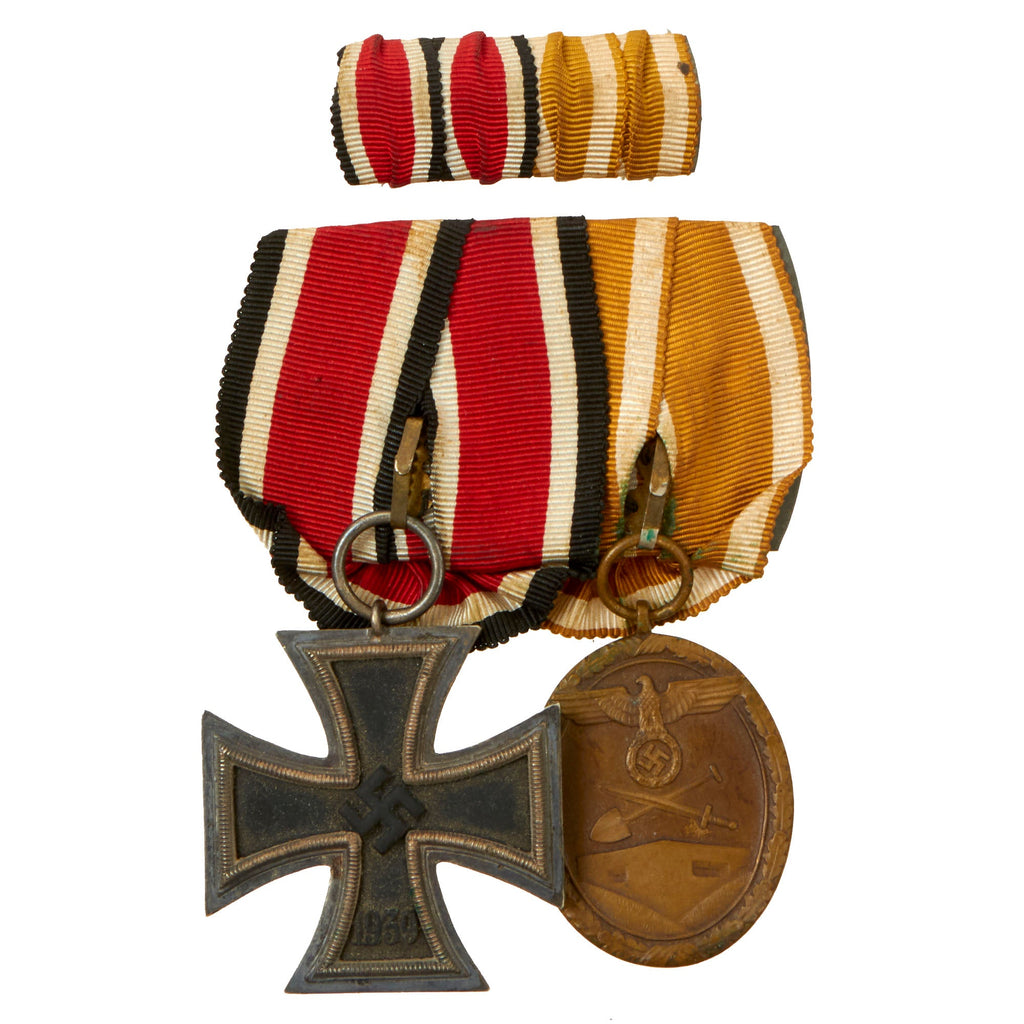 Original German WWII Medal Bar with Ribbon Bar - Iron Cross 2nd Class 1939 and Western Wall Siegfried Line Medal Original Items