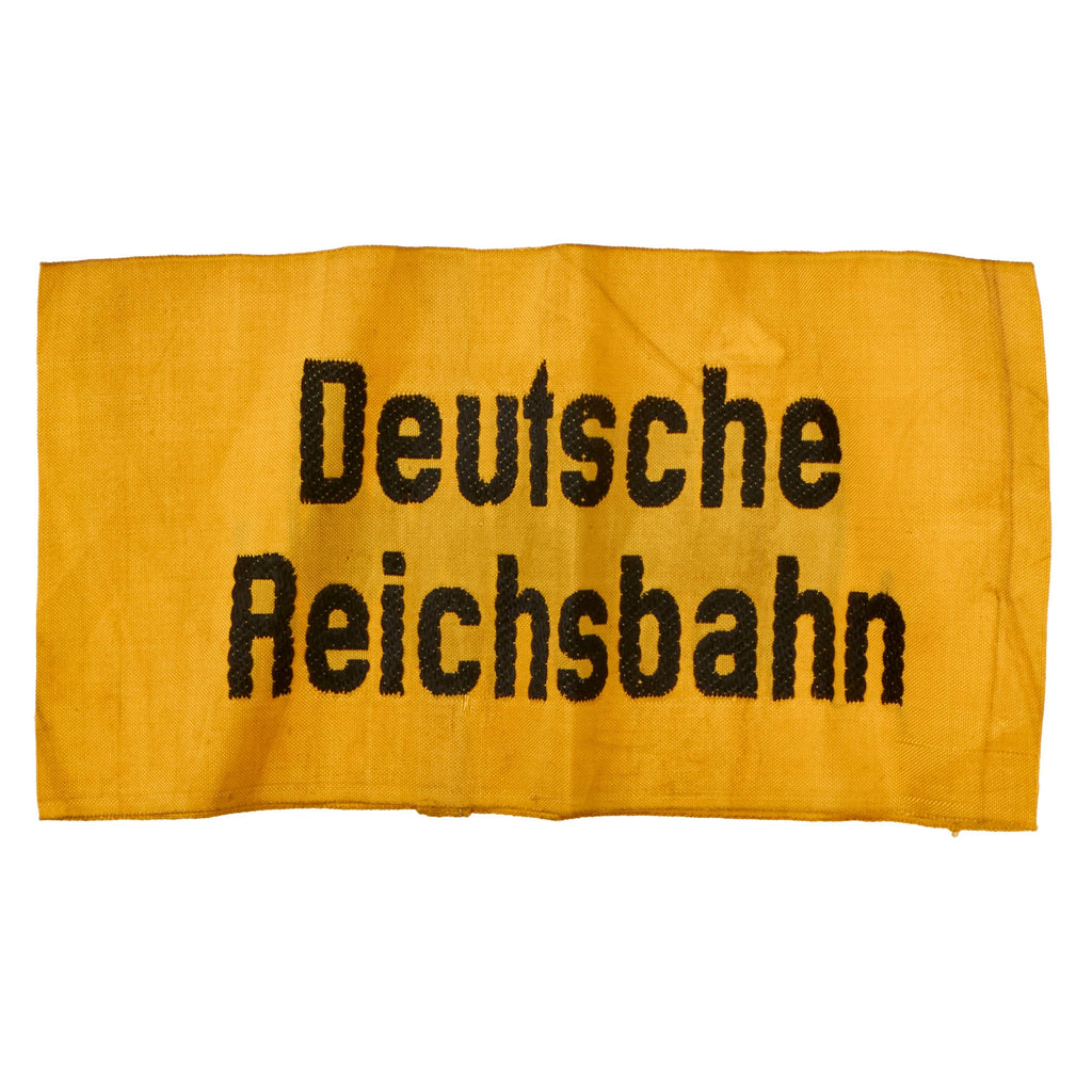Original German WWII Reichsbahn National Railway Embroidered Yellow Rayon Armband with Faded Depot Stamp Original Items