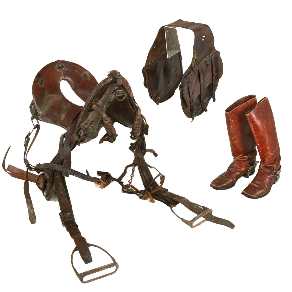 Original U.S. WWI 1918 Cavalry 12 Inch McClellan Saddle by Perkins-Campbell Co. with Saddle Bags and Boots with Spurs Original Items