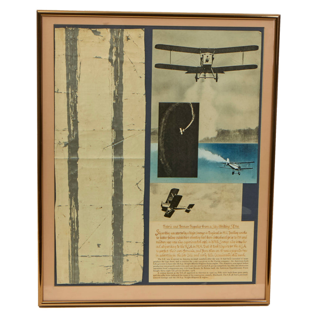 Original British WWI Era Framed Aircraft Fabric from a Sky-Writing S.E.5a Fighter - 16¼ x 20¼” Original Items