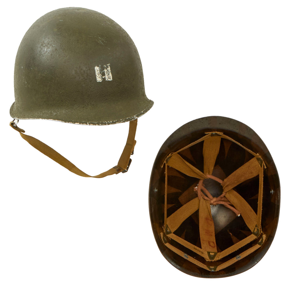 Original U.S. WWII Officer’s Complete 1944 M1 McCord Welded Front Seam Swivel Bale Helmet with CAPAC Liner & Painted Captain’s Bars Original Items